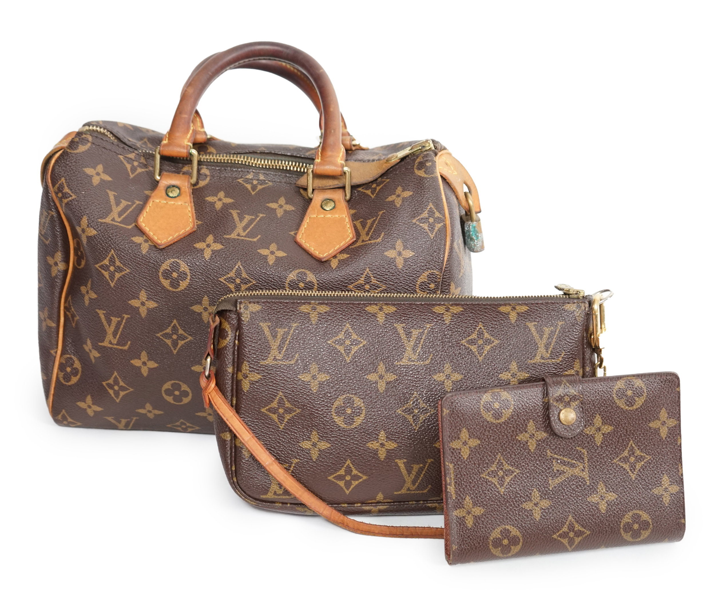 A vintage Louis Vuitton Monogram canvas Speedy 25 handbag, a Louis Vuitton Pochette Accessories Canvas bag and small Agenda PM Speedy bag: width 25cm, height overall 29cmm depth15cm, Pochette Bag: width 22cm, height 13cm